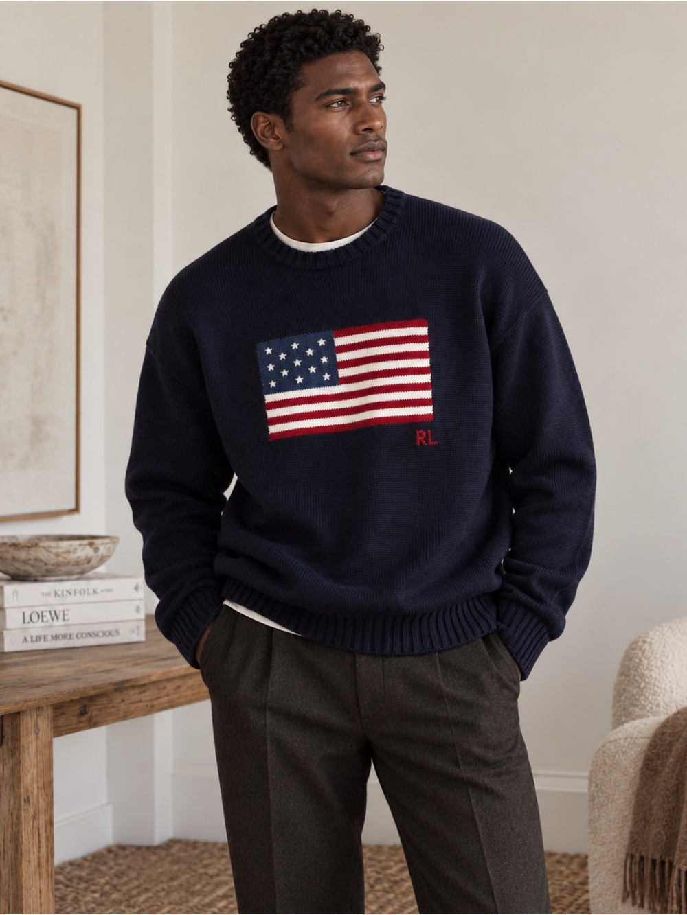 Polo Ralph Lauren The Iconic Flag Sweater Hunter Navy Cotton Size L